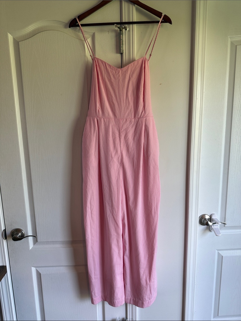 Vineyard Vines Pink Seersucker Spaghetti-Strap Jumpsuit